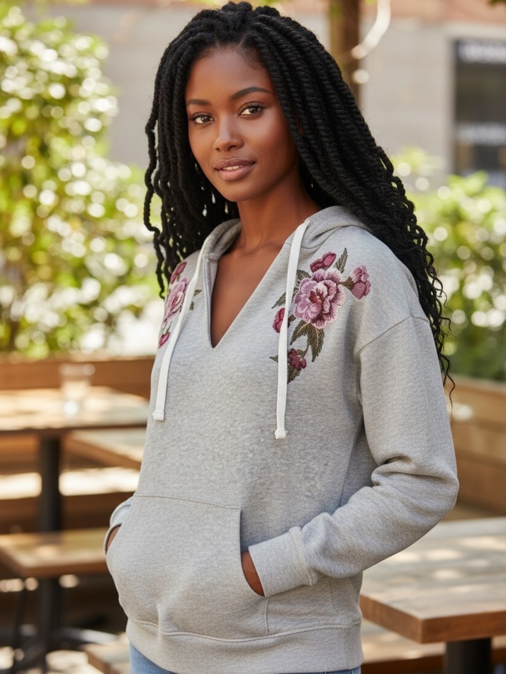 AEO Embroidered Floral Gray Pullover Oversized Hoodie Sweatshirt